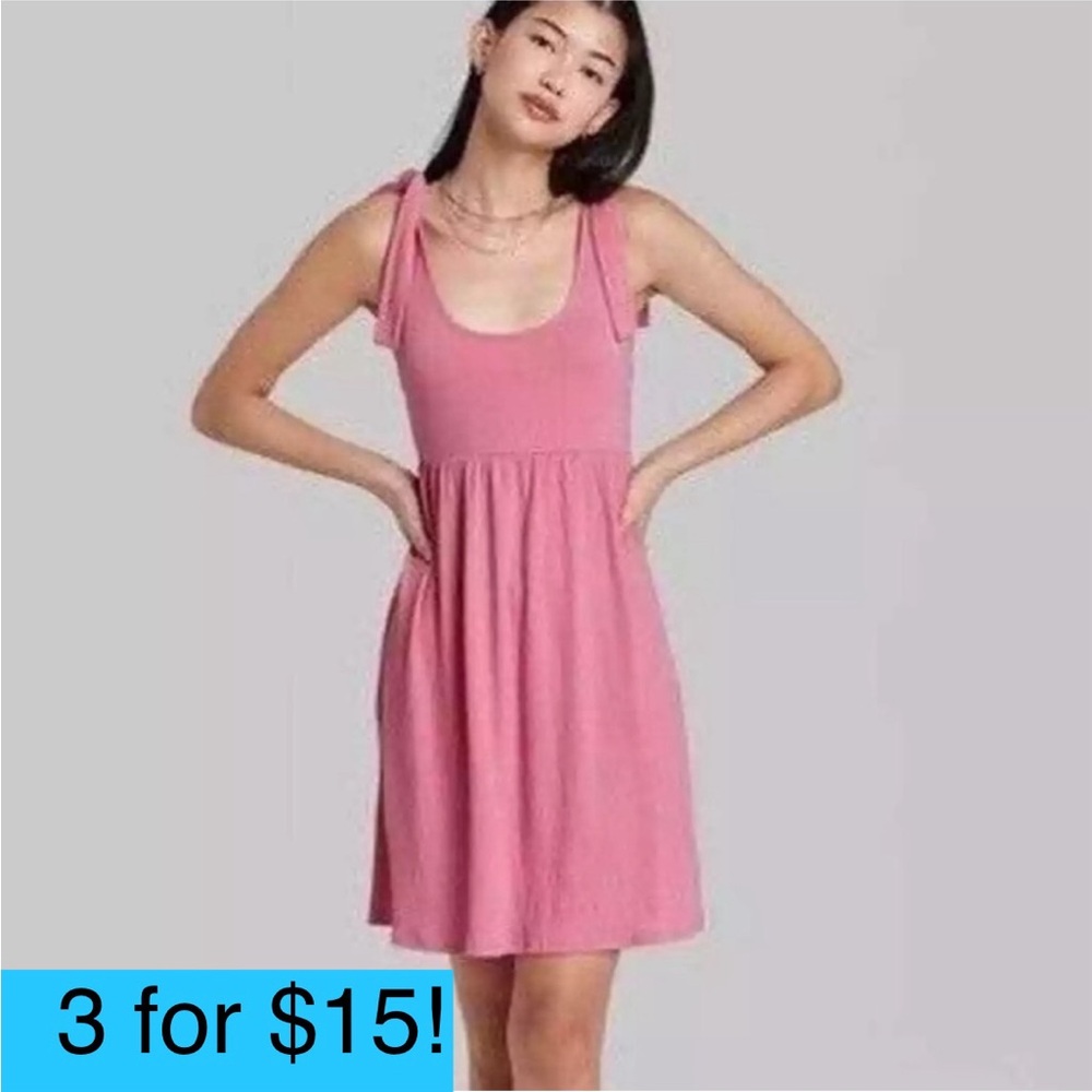 Wild Fable Sleeveless Tie-Strap Babydoll Textured Knit Dress Pink Pockets Small